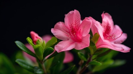 Obraz premium A tight shot of a pink bloom against a backdrop of emerald leaves, contrasting against a black canvas