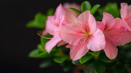 Obraz premium A pink flower with green leaves in the foreground against a black backdrop