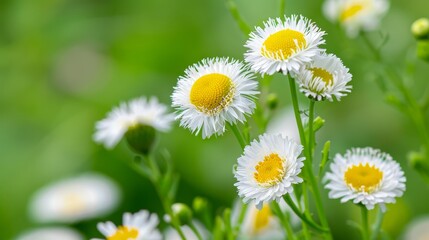 Fototapeta premium A tight shot of white and yellow blooms against a backdrop of green foliage The image features a soft, indistinct background