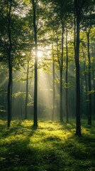 Obraz premium Serene Forest with Sun Rays and Mist