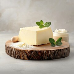 Pure and Fresh: Close-Up of Farm Butter on Wooden Slab Surrounded by Dairy Products, Focus on Nutritional Texture