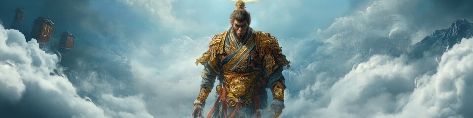 Epic Warrior Monkey: Realistic Portrait of Mythical Hero in Golden Armor. Battle-Scarred Legend from Chinese Folklore, Wielding Magical Staff. Dramatic AI-Generated Illustration for Gaming, Fantasy Ar
