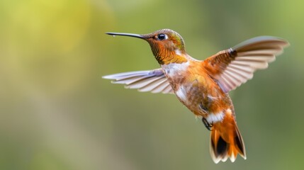 Fototapeta premium A hummingbird in flight, wings spread out, beak pointed towards the ground