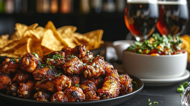 Delicious platter featuring spicy chicken wings, crispy nachos, and fresh salsa, perfect for parties or casual dining.