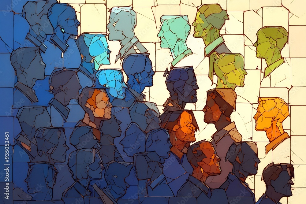 Poster abstract togetherness mosaic abstract art piece where diverse human figure portrayed piece of colorf