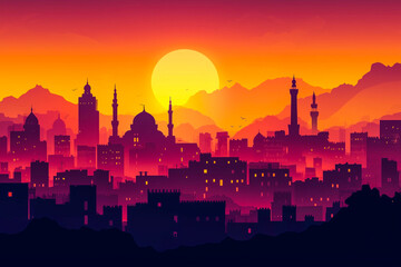 Obraz premium Arabian cityscape, Mosque and house silhouettes. Night city buildings, sundown mountains. Vector urban panorama card