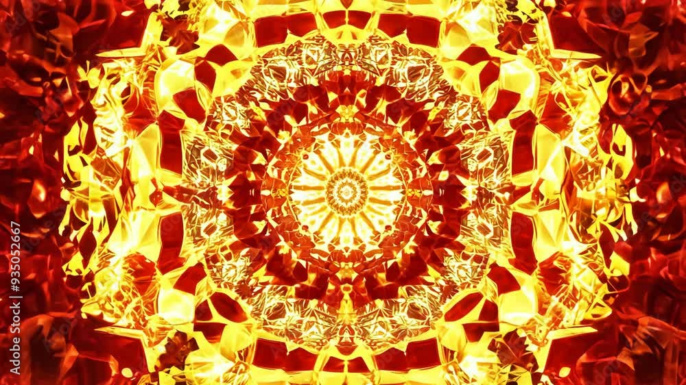 Poster explore mesmerizing kaleidoscopic patterns with fiery hues in a vibrant visual journey