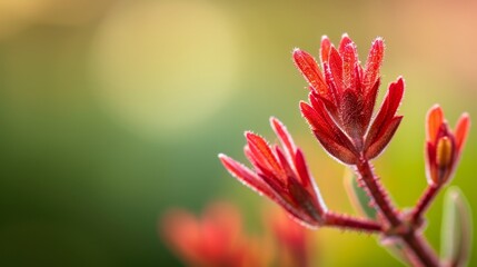 Fototapeta premium A red flower with a blurred foreground of green and red blossoms