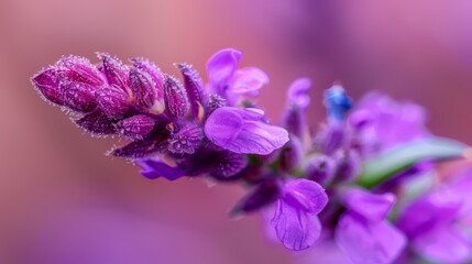  A purple flower with dew drops on its petals and a blurred background