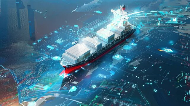 Futuristic cargo ship navigating through a digital ocean, symbolizing innovation in maritime transportation and logistics technology.