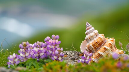  A tight shot of a seashell atop a rock, surrounded by purple flowers in the foreground, and a softly blurred sky beyond