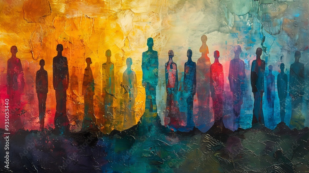 Poster abstract unity diversity abstract painting where diverse human figure intertwined forming single pow