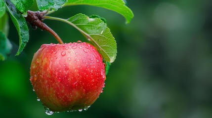  A red apple in focus on a tree branch, adorned with water-speckled leaves against a lush green backdrop