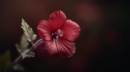  A red flower in focus, stem included, with a green leaf adjacent