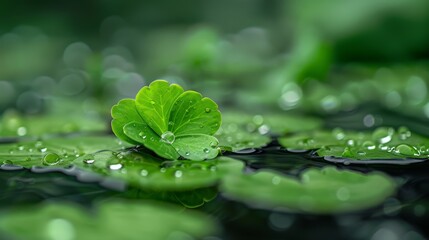 A tight shot of a plant leaf, adorned with water droplets on its surface and resting on a watery expanse