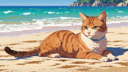 Obraz premium A cat in a swimsuit sunbathes on the beach, with sand and the blue sea in the background.