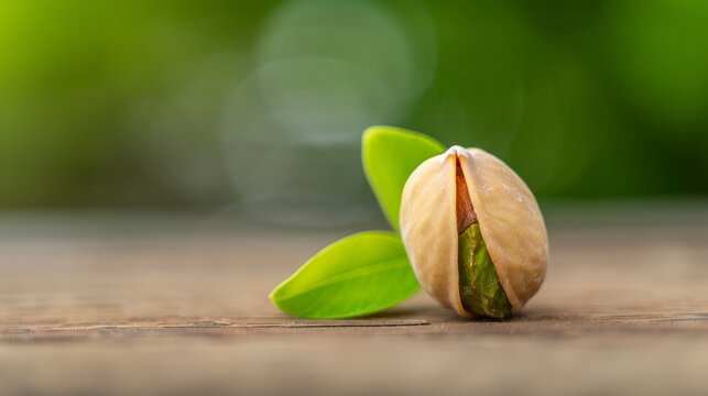  A tight shot of a pistachio nestled against a weathered wood backdrop, its green leaf unfurled at the end