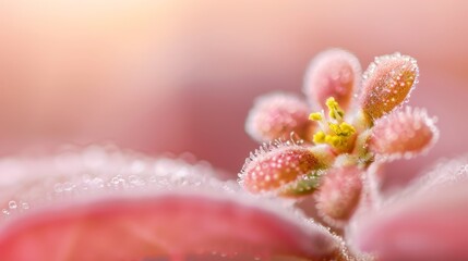 Fototapeta premium A tight shot of a pink bloom, adorned with dewdrops on its petals, and bejeweled center
