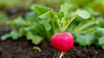  A tight shot of a red radish emerging from earth, surrounded by verdant leaves and speckled dirt behind