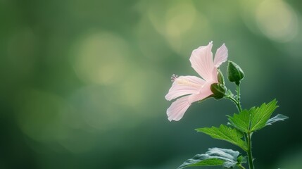  A pink bloom atop a verdant plant, teeming with many green leaves, against a backdrop of soft blur