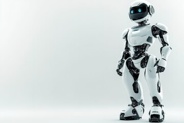 Fototapeta premium White humanoid robot standing on plain background with copy spac