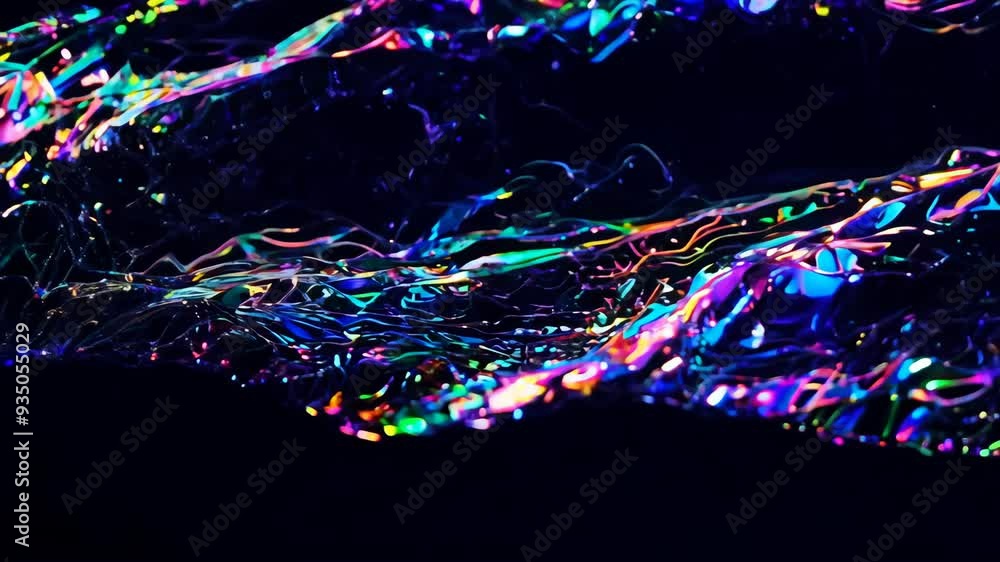 Poster exploring vibrant, flowing patterns in abstract light reflections at night near a water source