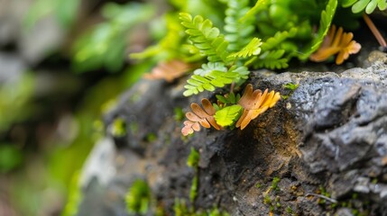 Obraz premium A tight shot of a plant sprouting from a fissure in a rock, surrounded by more plants emerging from the crevices