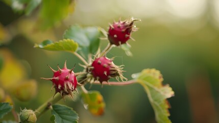  A tight shot of a tree branch laden with berries against a softly blurred backdrop of green leaves