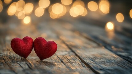 Fototapeta premium Banner Of Two Red Hearts On Rustic Table With Soft Lights On Wooden Background - Valentine's Day Concept with generative ai