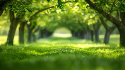 Fototapeta premium A lush, green field flanked by trees on both sides The other side is covered in verdant grass