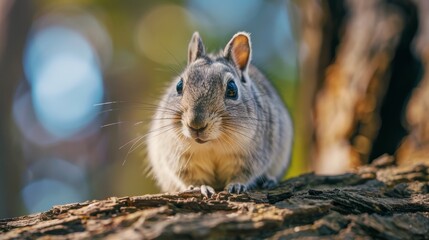 Fototapeta premium A tight shot of a small rodent on a tree branch gazing at the camera, surrounded by a softly blurred background