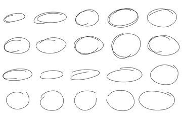Highlight oval frames line set. Hand drawn scribble circle sketch set. Doodle ovals and ellipses line template. Vector illustration oval isolated on white background.