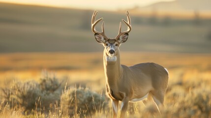 Obraz premium A tight shot of a deer in a field, surrounded by tall grasses In the distance, a rolling hill rises against the backdrop Overhead, an expansive, clear sky