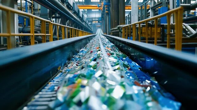 Plastic bottles being transported for innovative processing in a recycling facility, promoting sustainability and environmental responsibility