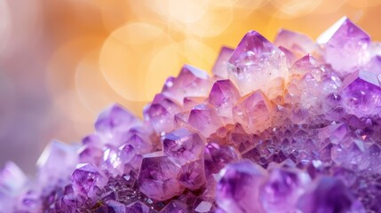 A group of lavender crystals perched atop a mound of matching rocks Backdrop features indistinct luminescent lights