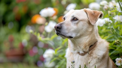  A tight shot of a dog in a flower-filled meadow, background softly blurred with grass and blooms