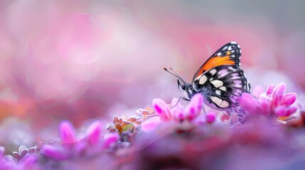 Obraz premium A tight shot of a butterfly atop a pink flower, surrounded foreground by similar blossoms; background softly blurred