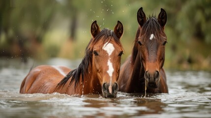  Brown horses stand side by side atop tranquil water Background comprises trees