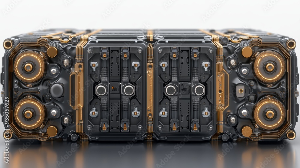 Poster futuristic mechanical component with intricate details and a sleek design, showcasing advanced engin