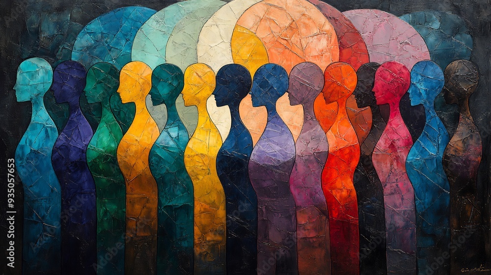 Poster abstract unity of cultures abstract painting of diverse group of people coming together form beautif