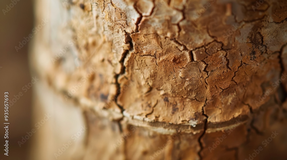 Wall mural a tight shot of a tree trunk bearing brown paint on its bark and shedding old paint in patches