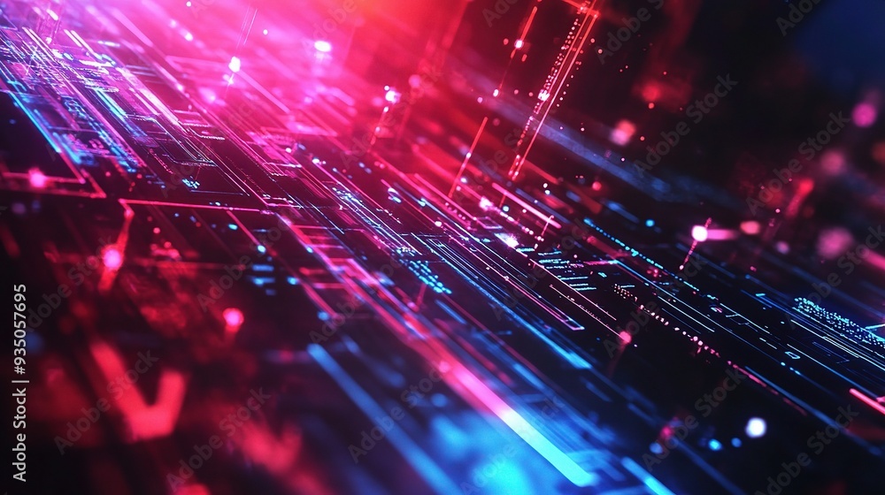 Poster neon data streams: a vibrant, high-tech abstract of data pathways illuminated in neon pink and blue,