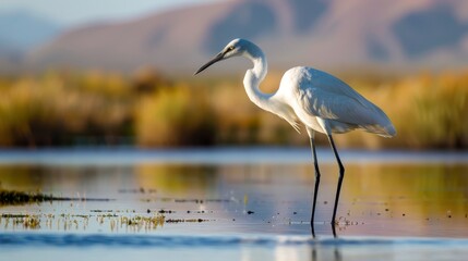 Naklejka premium A white bird with a long beak stands in a body of water, surrounded by mountain ranges in the background