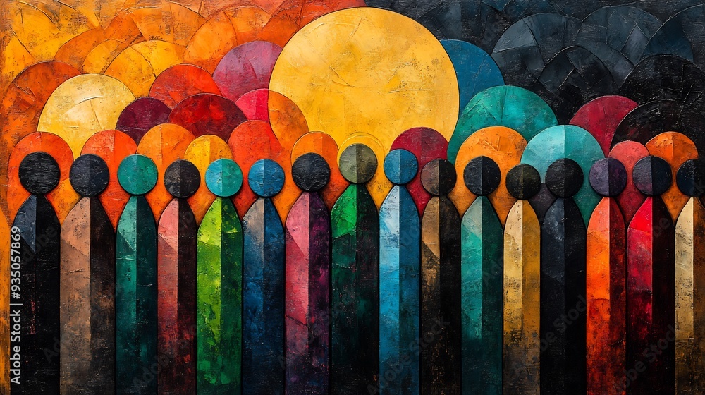 Poster abstract unity of cultures abstract painting of diverse group of people coming together form beautif