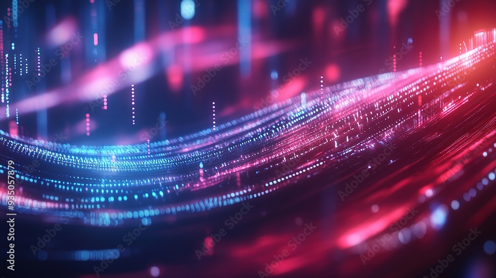 Poster digital flow: a mesmerizing abstract image of swirling blue and red digital lines, illuminated by gl