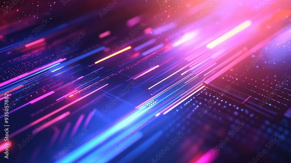 Poster neon data streams: a vibrant, high-tech abstract of glowing streaks of data in motion, symbolizing s