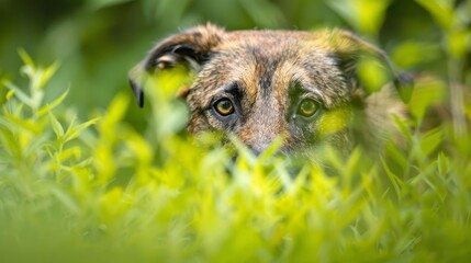Obraz premium A tight shot of a dog's expressive face amidst a lush field of swaying grasses A bush stands prominently in the foreground