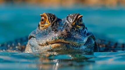 Obraz premium A tight shot of a crocodile's head in the water, partially submerged, with its snout and eyes above the surface