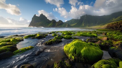  A large body of water is surrounded by a lush green hillside and a lush, moss-covered beach The hills are adorned with greenery, while the shore