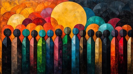 Abstract Unity of Cultures abstract painting of diverse group of people coming together form beautiful harmonious pattern figure depicted range of bright contrasting color symbolizing idea diversity